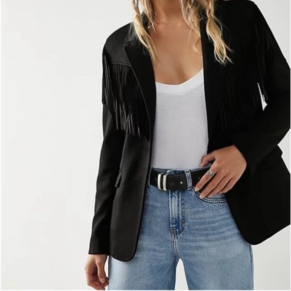 NWT Free People X Blank NYC Show Stopper Black Fringe Blazer Size Large - Picture 5 of 10